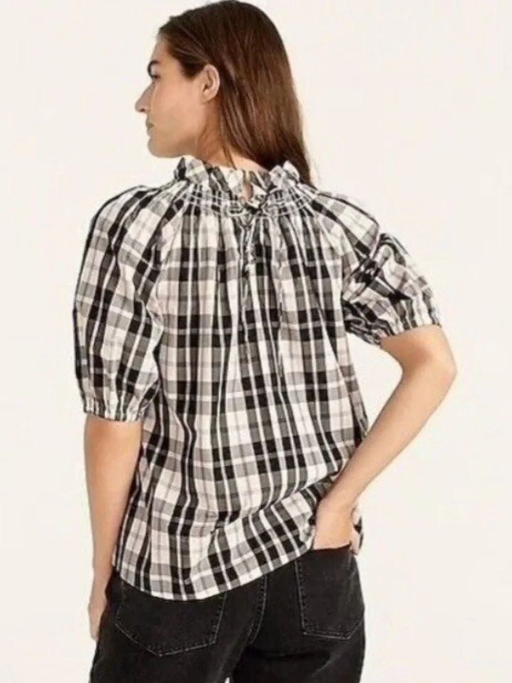 NWT J. Crew Women’s Smocked Neck Puff Sleeve Top in Friday Plaid XS